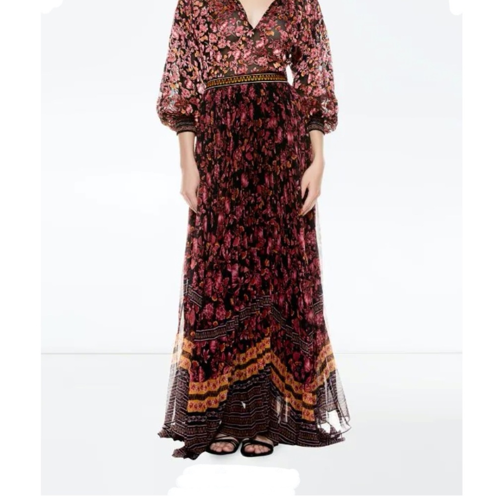 ALICE + OLIVIA Katz Asymmetrical Micro Pleated Silk Flowy Boho Maxi Skirt size 2 - Picture 3 of 10